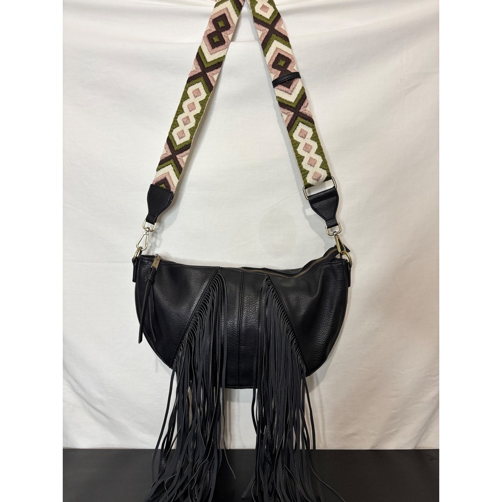 Urban Originals Black Vegan Leather Fringe Crossbody Bag Guitar Strap Crescent